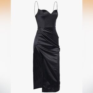 Elegant Black Satin Midi Dress Sweetheart Cut Side Slit Size Small NWT